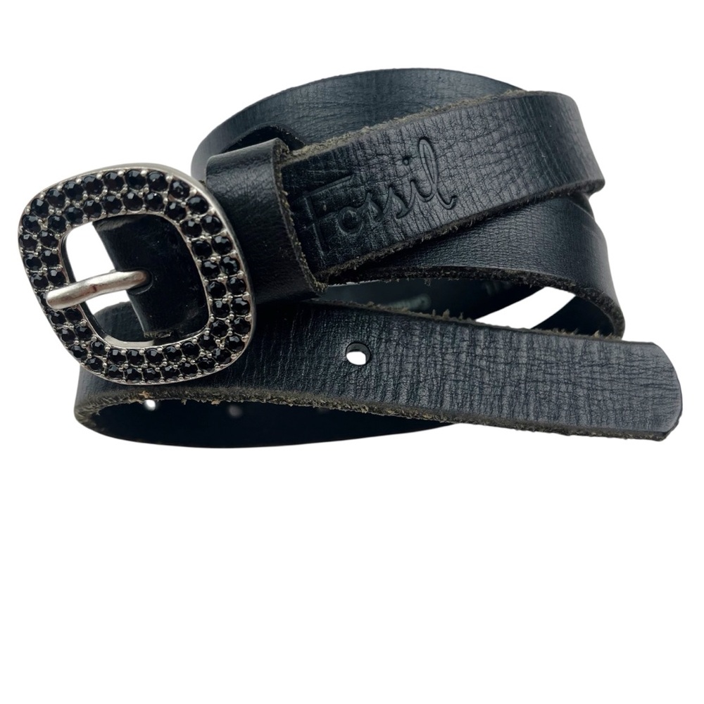 Fossil Black Leather Belt with Rhinestone Buckle Size Medium